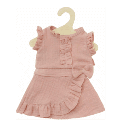 Ensemble pour poupée 28–35 cm – Jupe portefeuille et haut à volants – Rose - Vue de face sur fond blanc