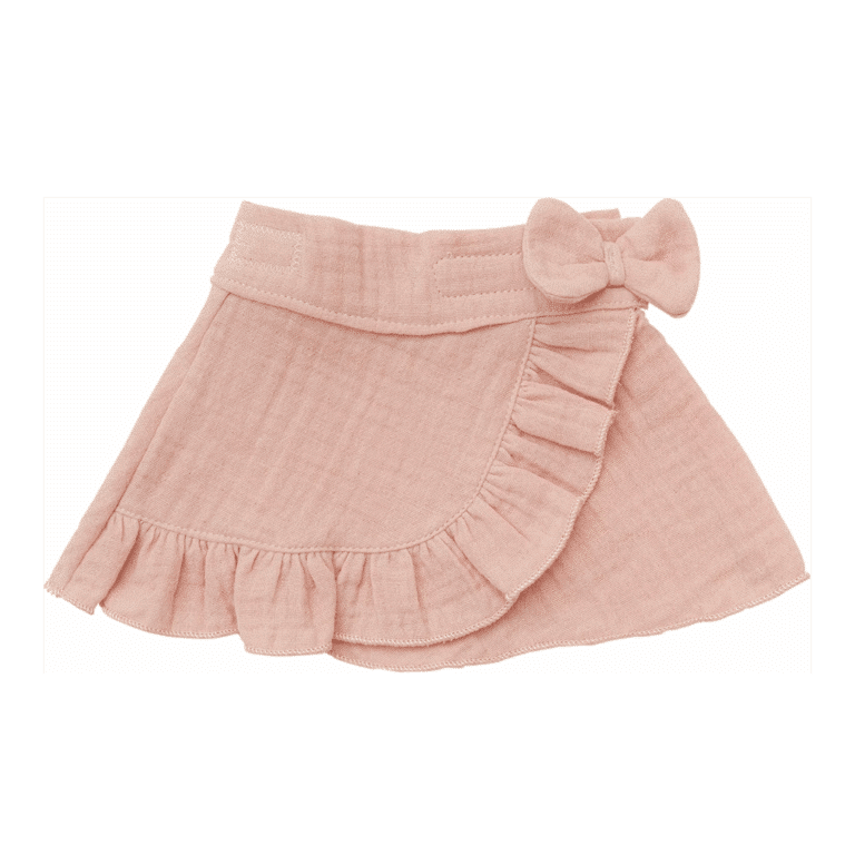 Ensemble pour poupée 28–35 cm – Jupe portefeuille et haut à volants – Rose - Vue de face sur fond blanc