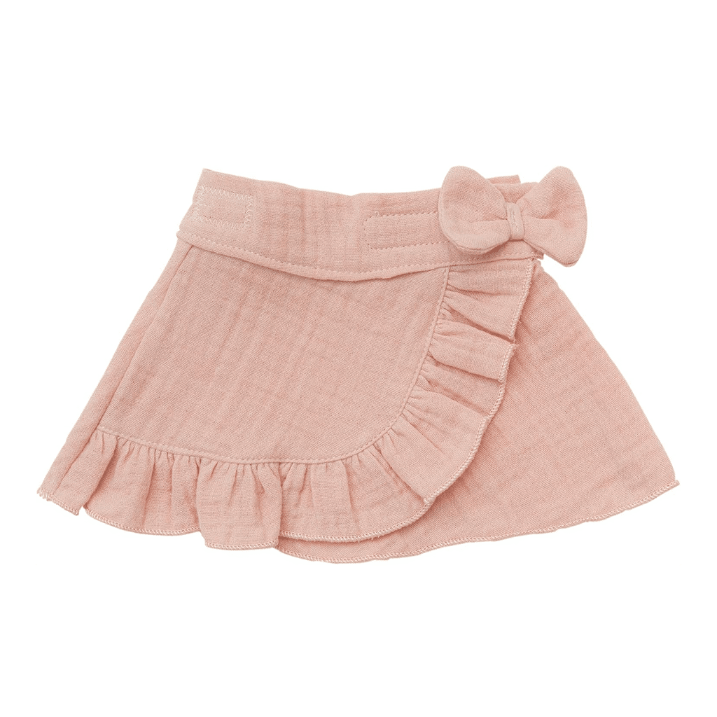 Ensemble pour poupée 28–35 cm – Jupe portefeuille et haut à volants – Rose - Vue de face sur fond blanc