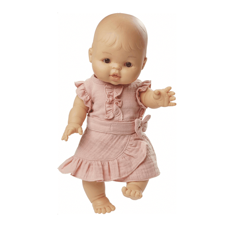 Ensemble pour poupée 28–35 cm – Jupe portefeuille et haut à volants – Rose - Vue de face sur fond blanc