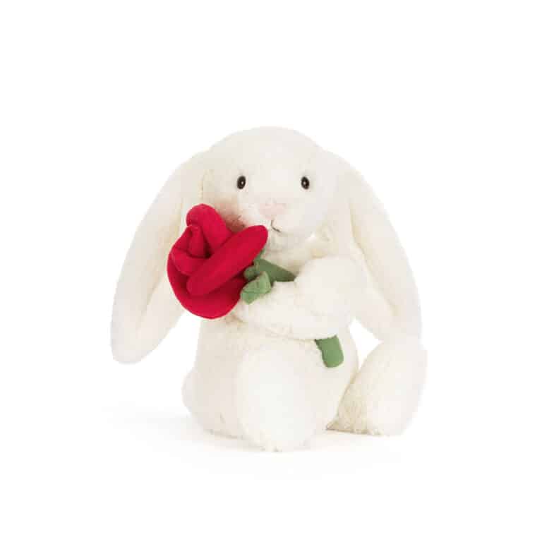 Doudou Cream Bunny with Rose – Jellycat - Vue de face sur fond blanc