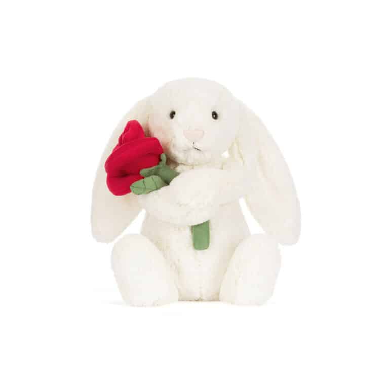 Doudou Cream Bunny with Rose – Jellycat - Vue de face sur fond blanc