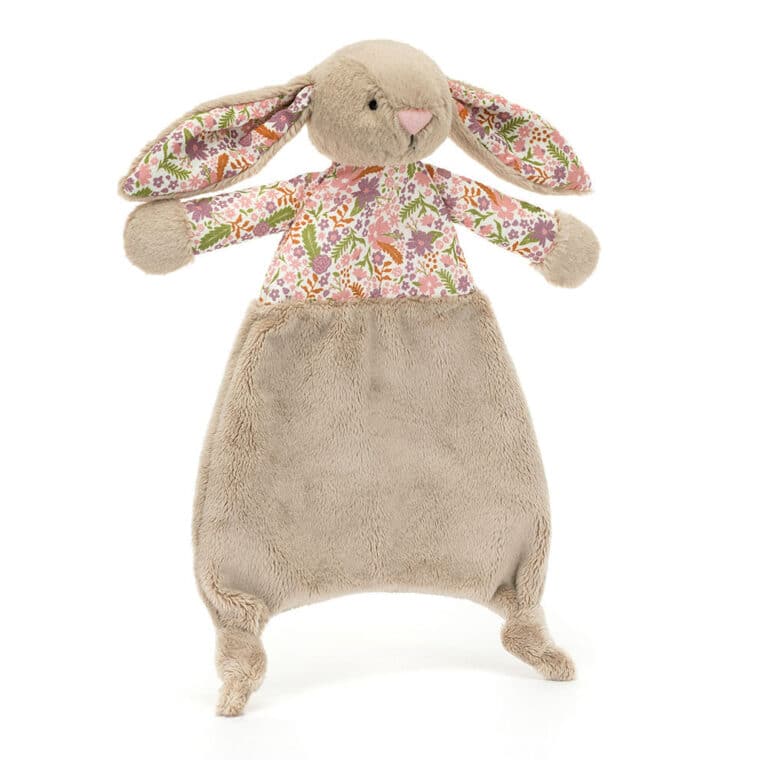 Doudou plat lapin - Beige aux oreilles pétales - Jellycat, vue de face sur fond blanc