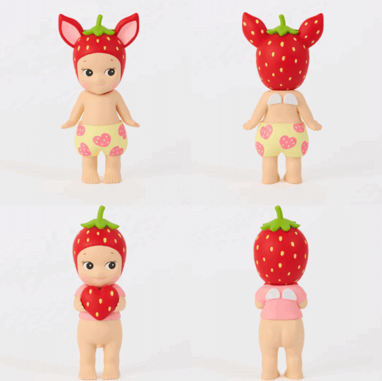 Sonny Angel® Strawberry Love, vue sur fond blanc de la fraise et du faon