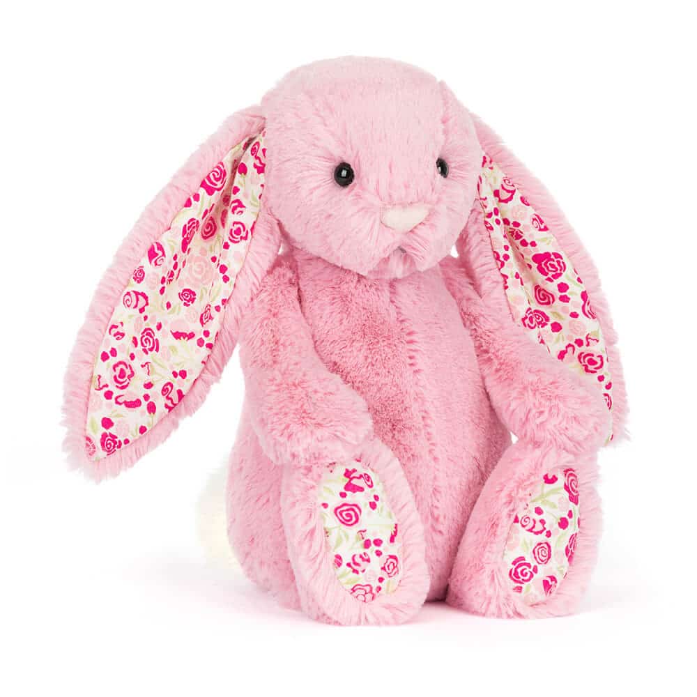 Blushkin blossom luxe bunny - Jellycat, vue de biais sur fond blanc