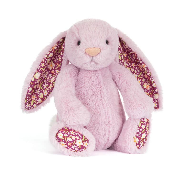 Thistlepop blossom luxe bunny - Jellycat, vue de biais sur fond blanc