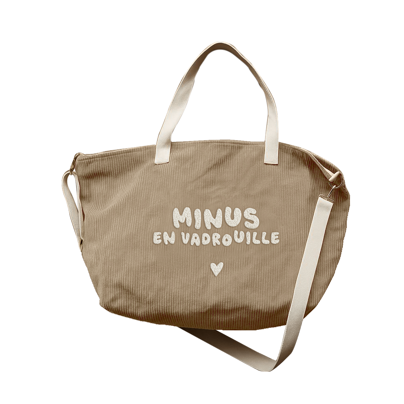 Sac XL velours beige - Minus en vadrouille - Zakuw, vue de face sur fond blanc