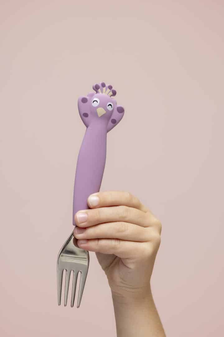 Couvert 3 pièces en silicone mlle paon Trixie zoom fourchette