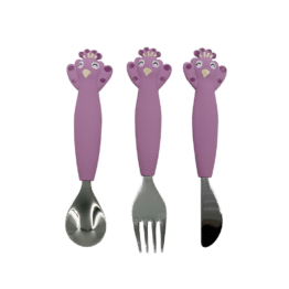 Couvert 3 pièces en silicone mlle paon Trixie fond blanc