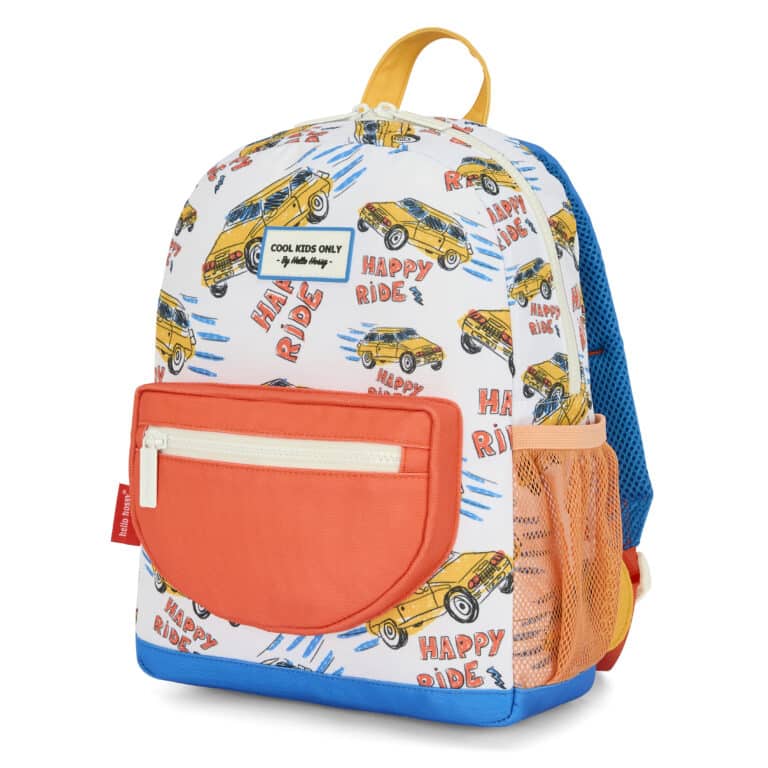 Le sac à dos enfant Happy Ride Hello Hossy fond blanc de biais