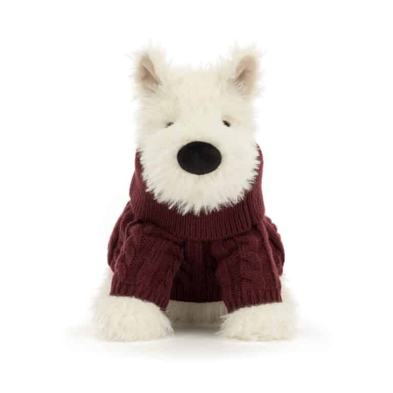 Munro Scottie Dog 'Winter Jumper' - Jellycat, vue de face sur fond blanc