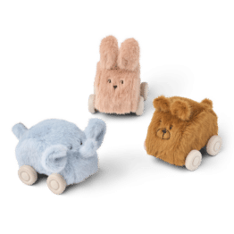 Voiture en peluche animaux de Liewood trio fond blanc