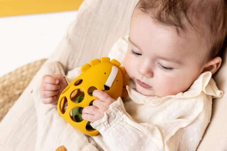 Hochet sensoriel en silicone mr lion de Trixie avec bébé